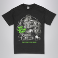 Night Of The Living Dead movie t-shirt  with DTG printed  black and green graphic featuring characters and zombies from the 1968 film on a black unisex crew neck tee. High-quality graphic tee  for horror movie fans.