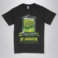 Re-Animator movie t-shirt  with DTG printed  graphic of a brain in a jar on a black unisex crew neck tee. High-quality graphic tee  for horror movie fans.