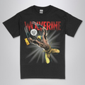 The X-Men Wolverine classic comic character t-shirt  with DTG printed  art of Wolverine in his yellow and blue costume with claws extended, on a black unisex crew neck tee. High-quality graphic tee  for comic book fans.